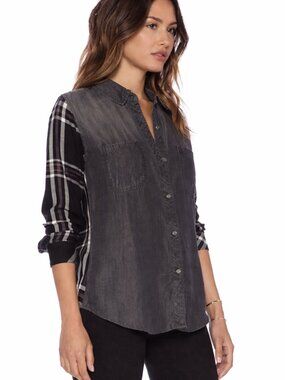 RAILS Harper Chambray Tencel Plaid Button Front Shirt Top Black Women's Medium